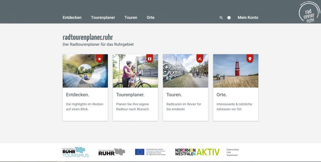 Das Foto zeigt die vier Einstiegsmöglichkeiten zur Tourenplanung beim radtourenplaner.ruhr
