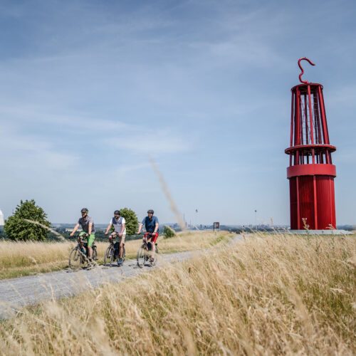 Das Foto zeigt Radfahrer auf der Halde Rheinpreußen in Moers mit dem Geleucht