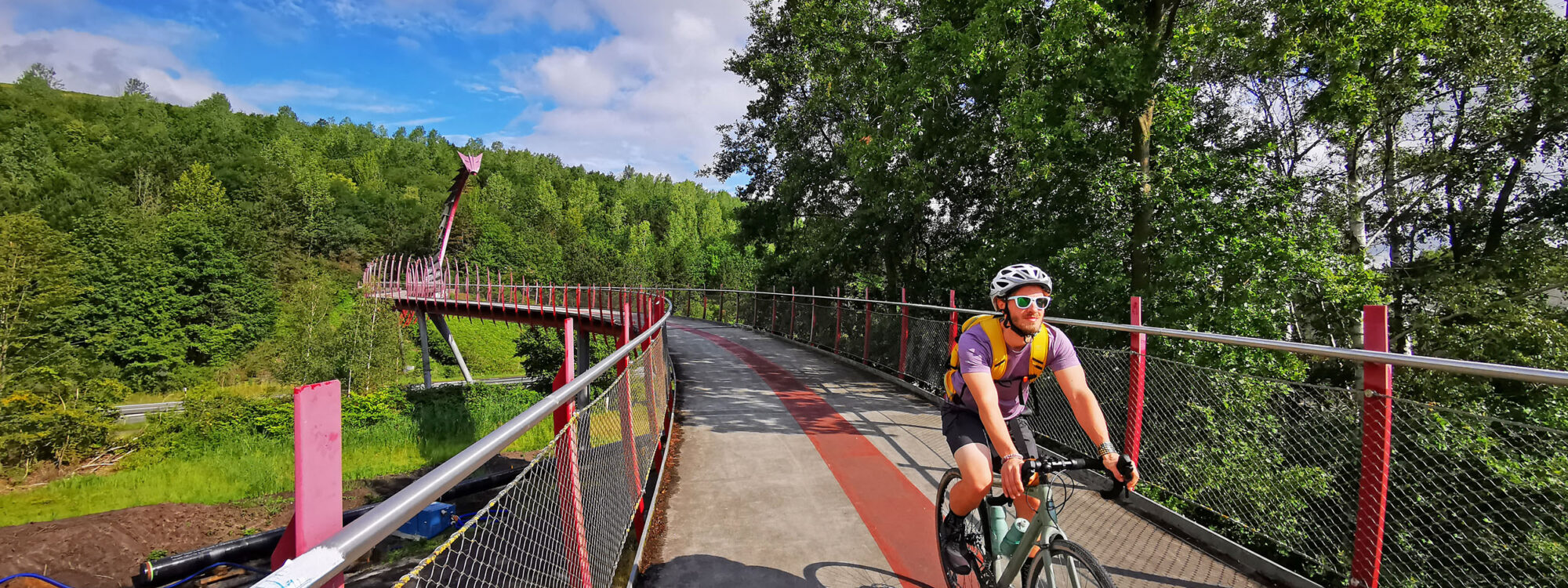 Das Foto zeigt einen Radfahrer mit Gravelbike auf der Drachenbrücke in Recklinghausen