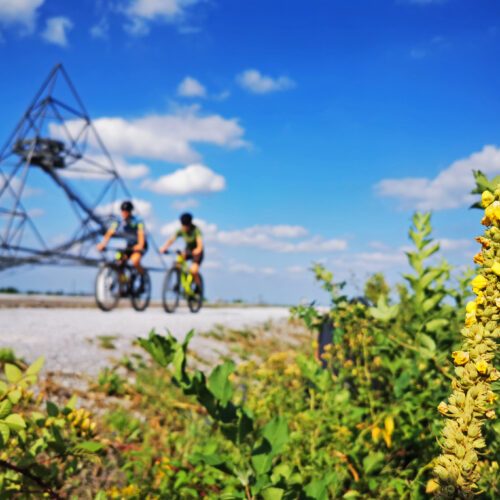 Das Foto zeigt Radfahrende auf ihren Mountainbikes auf dem Tetraeder in Bottrop