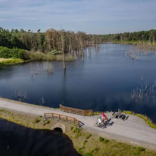 Das Foto zeigt Radfahrer am Pfingstsee in der Kirchheller Heide in Bottrop bei der RevierRoute Landpartie