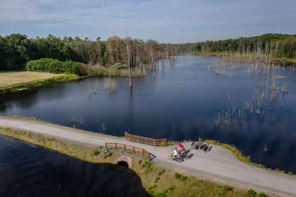 Das Foto zeigt Radfahrer am Pfingstsee in der Kirchheller Heide in Bottrop bei der RevierRoute Landpartie