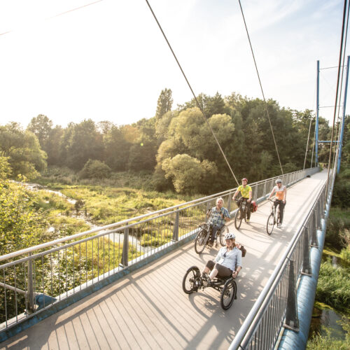 Das Foto zeigt Radfahrende auf der Römer-Lippe-Route auf einer Brücke in Haltern am See