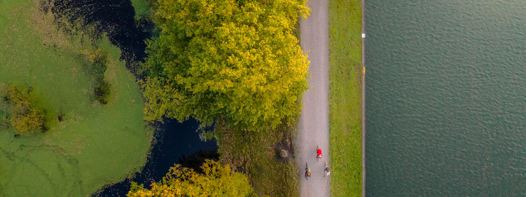 De foto toont fietsers op hun gravelbike op het fietspad langs het Rijn-Hernekanaal