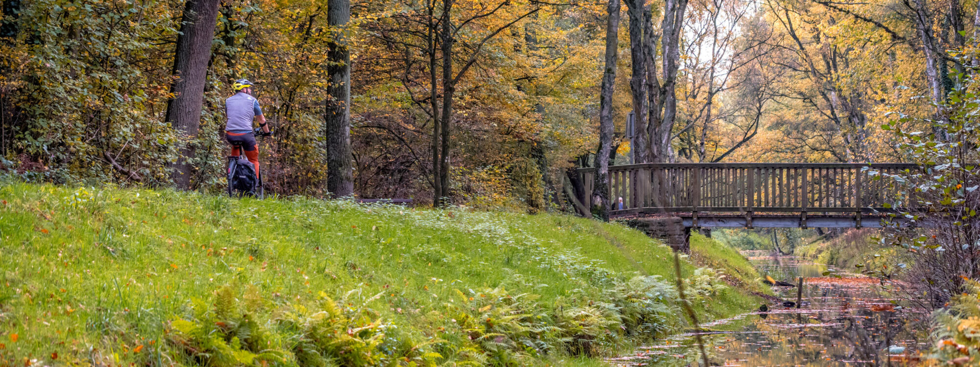 Das Foto zeigt einen Radfahrer auf der Rotbachroute in Dinslaken