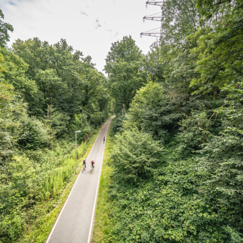 Das Foto zeigt Radfahrende auf der Springorumtrasse in Bochum auf der RevierRoute Bahngeschichte(n)