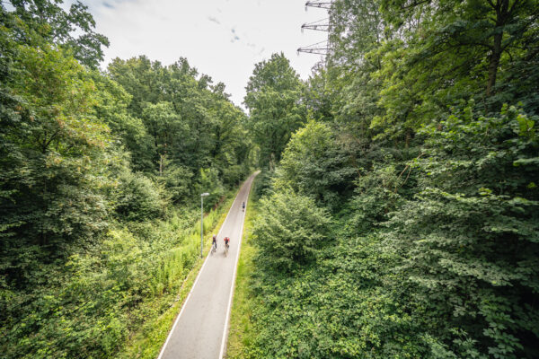 Das Foto zeigt Radfahrende auf der Springorumtrasse in Bochum auf der RevierRoute Bahngeschichte(n)