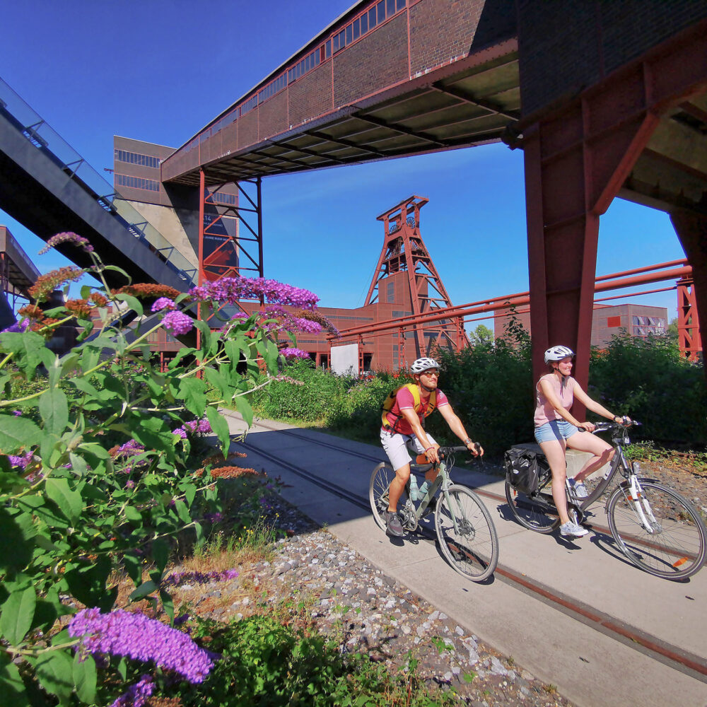 Das Foto zeigt zwei Radfahrende am UNESCO-Welterbe Zollverein in Essen auf der RevierRoute Grubenfahrt