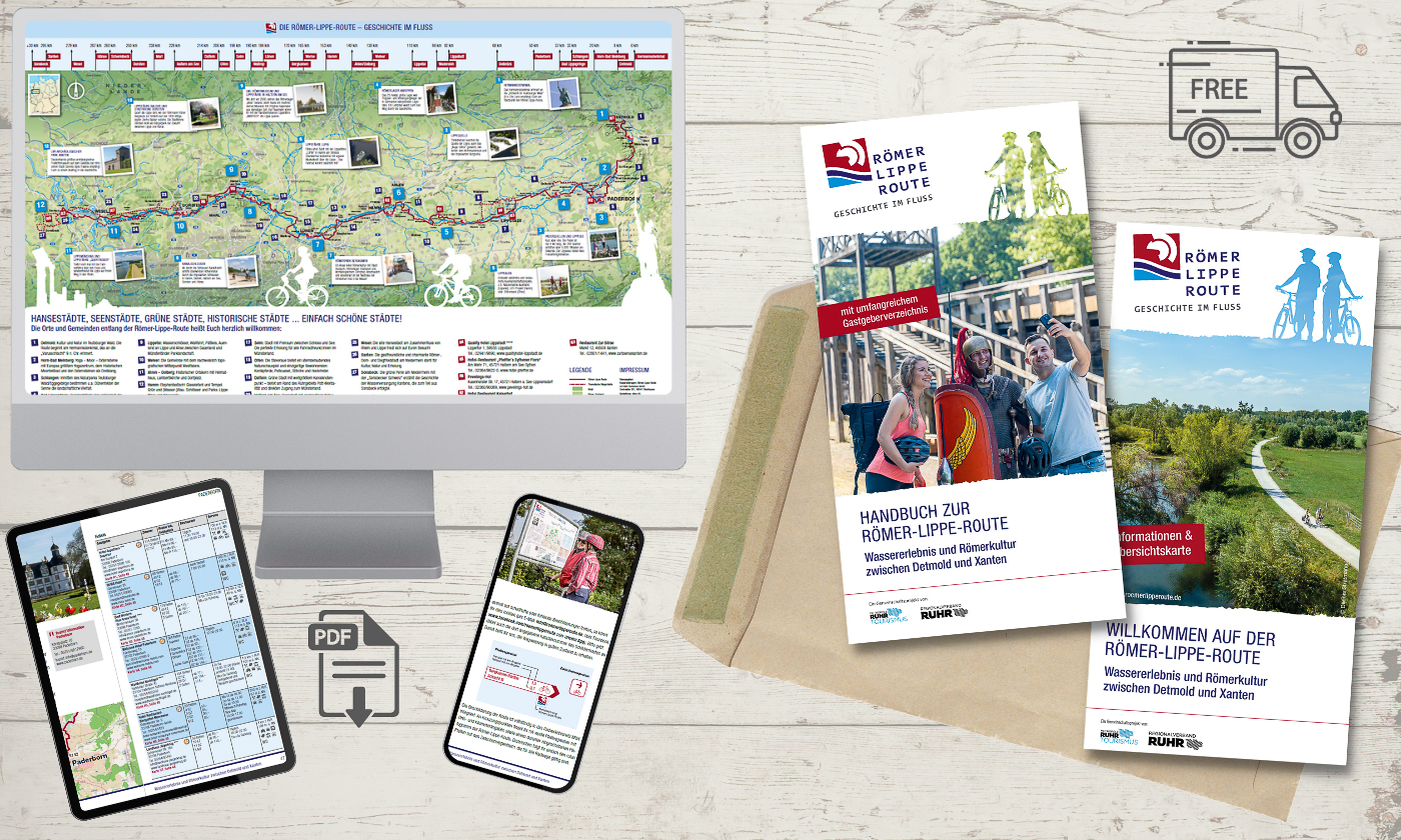 Das Foto zeigt Printprodukte der Römer-Lippe-Route
